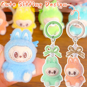 2PCS Cartoon Flocking Labubu Bowknot Keychain Anime Monsters Bunny Doll Bag Pendant Car Keyring Decorative Accessories