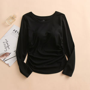 Slim Fit Long Sleeve T-Shirt Womens Spring Autumn Thin Waist Inward Folded Slimming Base Shirt with Chest Pad One Piece Design