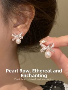 Delicate Lattice Bow Pearl Earrings S925 Silver