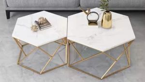Bàn trà đôi Sofa phòng khách mặt đá lục giác chân kim loại sơn tĩnh điện nhiều màu sang trọng hiện đại