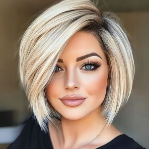 Mái Tóc Giả Sợi Tổng Hợp Kiểu Bob Elf Cắt Tỉa Màu Trắng Gradient Chân Tóc Dày Chia Ngôi Lệch Tóc Ngắn Thẳng Dùng Hàng Ngày Kích Thước Mũ Trung Bình.