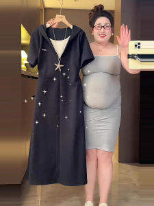 plus Size French Style Hooded Dress Women Summer Slimming Belly Covering Elegant Hepburn Skirt A-Line High Waist Short Sleeve