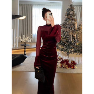 Red Velvet Dress Elegant Slimming Evening Gown for Important Occasions Autumn Winter Womens Fashion Annual Meeting High Waist Long Sleeve