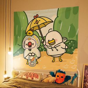 VIKAMA Cartoon Raincoat Duckling Rainy Day Travel Tapestry HD Wear-Resistant Fabric Wall Art for Kids Room Decor