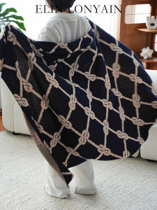 ELIN LONYAIN | Simple Blue Check Wool Blend Throw Blanket