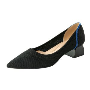 Ladies Black High Heels Pointed Toe Shallow Mouth Thick Heel Shoes Trendy Knitted Shoes Large Size Womens Shoes