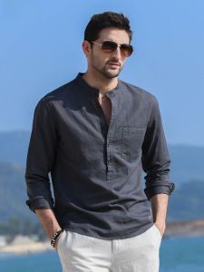 เสื้อเชิ้ตผู้ชายคอตั้งแขนยาวทรงหลวมสไตล์ลำลองฤดูใบไม้ผลิ ผ้าฝ้ายลินิน แฟชั่น เสื้อผ้าผู้ชาย แบรนด์ Hanxu