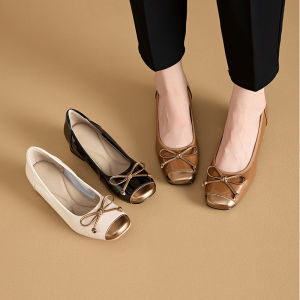 Fashionable Butterfly Knot Punched Color Leather Mary Jane Womens Shoes Low Heel Casual Style Spring Season Sheepskin Lined