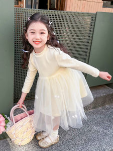 Váy Công Chúa Tay Dài Mùa Xuân Thu Cho Bé Gái Váy Lưới Xếp Nếp Thắt Nút Bướm Cho Bé Gái Váy Cotton Pha Trộn Cho Bé Gái Từ 1-17 Tuổi