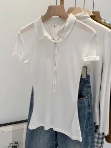 White Thin Button Polo Neck Short Sleeve T-Shirt Women Summer New High-End Spicy European Style Small Top Cotton Moisture Wicking