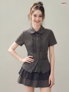 KBVVR | Polo Collar Check Pattern Straight Shoulder Short Sleeve Fitted Waist Accentuating Summer Short Top Dress Set