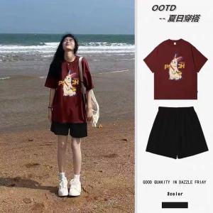 Girls Sports Outfit Short Sleeve Two Piece Set Summer Casual Breathable Thin Printed Pattern Cute Style Childrens Clothing