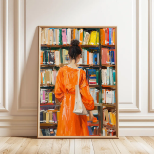 Woman Bookstore Art Print Woman Painting Reading Poster Cute Wall Decor Library Wall Art Framed Wall Art Acrylic Painting
