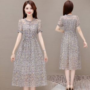 MAIMEI | Elegant Ice Silk Chiffon Floral Print Dress For Women Midlife Mothers High Waist A-Line Skirt Short Sleeve Summer New Arrival