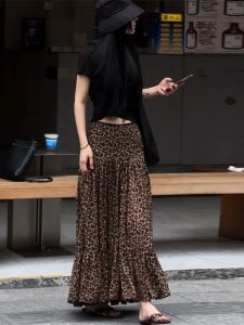 Fashionable Leopard Print A-Line Skirt for Women High Waist Long Dress with Ming Line Decoration and 3D Embellishment