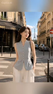 Áo vest không tay màu be với nút cài và túi nhỏ phù hợp với quần trắng trong không gian nội thất trang nhã.