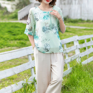 Fashionable Summer Short Sleeve Embroidered Tunic Top And Pants Set for Middle-Aged Women Polyester Fiber Loose Fit Style