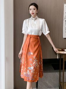 New Chinese Style Han Chinese Clothing Improved Cropped Short Horse-Face Skirt Small Daily Suit Female Spring and Summer Fancy