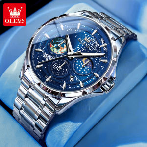 OLEVS Men Casual Watches Waterproof New 2023 Original  Luminous Chronograph Calendar Star Dial Stainless Steel Strap