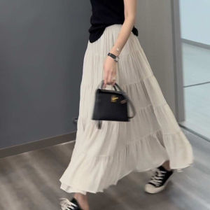 High Waist A-Line Mini Skirt Womens Summer Pleated Skirts Versatile Short Skirts Long Skirts Korean Style Solid Color