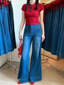 กางเกงยีนส์ทรงหลวมเอวสูงสีน้ำเงิน กางเกงขายาวทรงตรงสำหรับผู้หญิง กางเกงขายาวทรงหลวมสำหรับผู้หญิงในช่วงฤดูร้อน