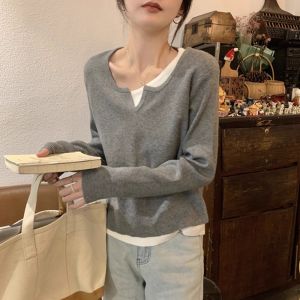 Elegant French Designed Fall Womens Faux Layered Sweater