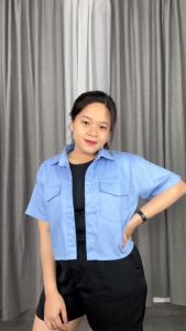 Kemeja Outer Crop Top Denim Atasan Wanita Berkerah - Sweetenia