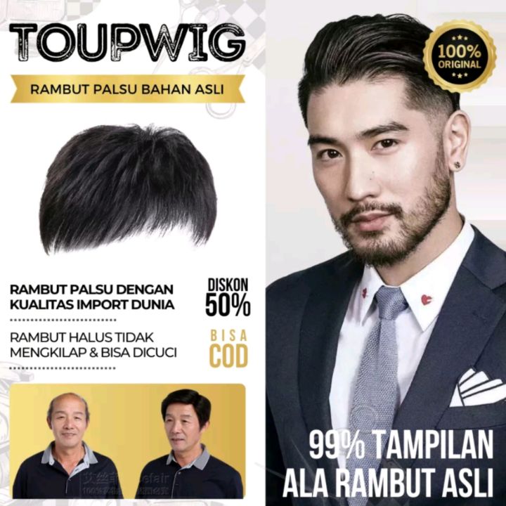 Toupee Penutup Botak Pria Rambut Hitam Natural Toupwig Rambut