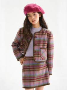 LOVESASAKIDS | Purple Plaid Quilted Short Contrast Trim Retro Schoolgirl Coat