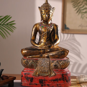 ไม้แกะสลักพระนั่งสมาธิ สักทองแท้ แต่งบ้าน วัด โรงแรม ขนาด 28x32x61 ซม.