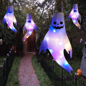 LED Light Halloween Hanging Ghost Decorations Outdoor Garden Flag Terror Flying Ghost Windsocks Halloween Party Horror Props