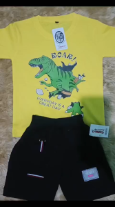 Setelan Kaos dan Celana Cargo Anak Anak Gambar Astronot Dinosaurus T-Rex Bahan Katun Kombet 30s