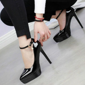 Giày Cao Gót Mũi Nhọn Đế Xuồng Chống Thấm Nước Cho Nữ Giày Cao Gót Mỏng Gợi Cảm Giày Bệt Quai Chéo Da Bóng Màu Đen Giày Bệt Quai Chéo