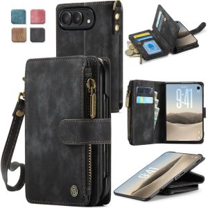 Cho iPhone Duo Wallet đứng trường hợp chất liệu da PU cho Iphone Duo khe đựng thẻ 1 tiền mặt khe cắm túi có khóa kéo có dây đeo cổ tay chân đế từ nút tất cả trong 1 (Đen)