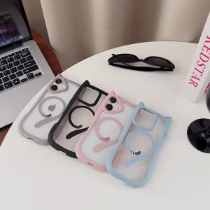 3D Cute Cartoon Cat Ears Magnetic Phone Case For iPhone 17 Air 16 15 14 Plus 13 mini 12 Pro Max Clear Acrylic Shockproof Cover