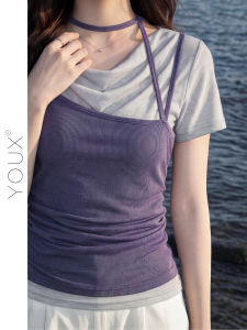 YOUXIANG | Áo Thun T-Shirt Tay Ngắn Đính Tầng Dáng Ôm