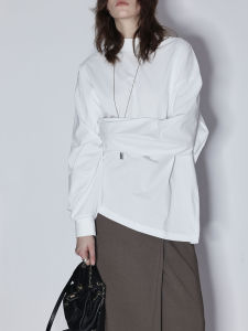 เสื้อยืดคอกลมแขนยาวสีขาว Pure Cotton Loose Fit Half High Collar Molin Maison เสื้อเชิ้ตผู้หญิงสไตล์เกาหลี