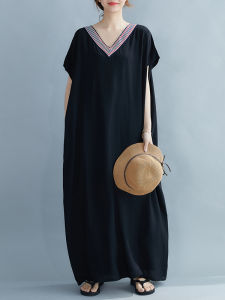 Summer Long A-Line Dress Loose Fit V-Neck Cotton Silk Vestimenta Splicing Wide Hemline Slimming Effect Casual Artistic Style