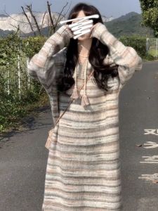 French Stripe Knitted Long Dress Hoodie Womens Autumn Winter New Lazy Style Sweater Dress Korean Version Commute Pattern