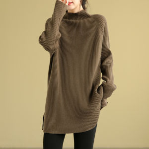เสื้อสเวตเตอร์ถักยาวคลุมสะโพกสำหรับผู้หญิงในฤดูใบไม้ร่วงและฤดูหนาว เสื้อชั้นในทรงหลวมคอปกสูงครึ่งตัว เสื้อคลุมกันหนาวแบบสวมหัว