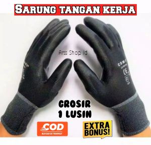 1 Lusin Sarung Tangan Kerja Safety Plamfit Kaos Tangan Karet Bangunan Mekanik Pabrik Proyek Tukang Murah Berkebun Bahan Tebal