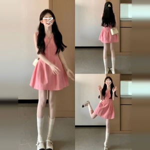 CHANGTONG | Váy chữ A màu hồng thanh lịch kiểu Pháp mùa hè không tay váy vest cạp cao cho nữ Váy ngắn cổ tròn dáng chữ A