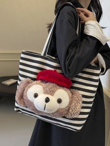 Summer New Large Capacity Cartoon Bear Canvas Tote Bag Casual Commuting Shoulder Bag Striped Pattern Soft Handbag for Youth