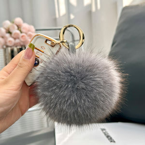Cute Fox Fur Ball Keychain Bag Ornament Car Decoration Womens Plush Key Holder Fashionable Accessory Genuine Fox Fur