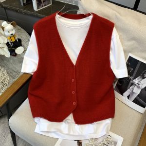 Áo Len Dệt Kim Không Tay Áo Khoác Ngoài Cho Nữ Mùa Xuân Mới Ngắn Màu Đỏ Áo Khoác Ngoài Thường Ngày Cổ Chữ V Một Nút
