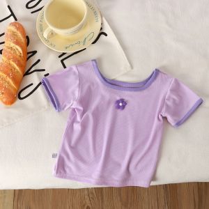 Baby Girls Short Sleeve T-Shirt Ice Silk Square Collar Summer New Arrival Breathable Polyester Fiber Standard Fit Stripe Pattern