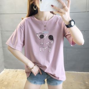 Áo Thun Nữ Tay Ngắn Mùa Hè 2022 Phong Cách Hàn Quốc 95% Cotton in Họa Tiết Thời Trang Cỡ Lớn Áo Thun Cotton Thoải Mái Thường Ngày