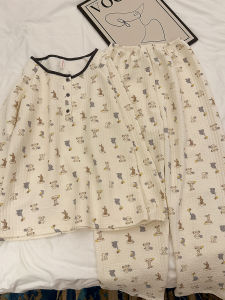 หวาน สไตล์ ผู้หญิง ชุดนอน Set Airy ผ้าฝ้าย มีฟองน้ำ เสื้อผ้าใส่ในบ้านแขนยาวกางเกงพิมพ์ลายคอกลม เอวยืดหยุ่น ลำลอง ฤดูใบไม้ร่วง ฤดูหนาว