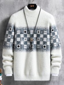 ROMON | Lormen Mens Thickened Wool Sweater Half High Collar Winter Fashion Urban Style Inner Wear Mink Velvet Warm Knitted Top