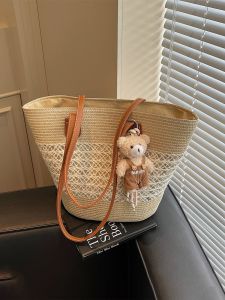 Trendy Handwoven Large Capacity Womens Tote Bag Beach Vacation Straw Bag Casual Simple Style Soft Handle Zipper Closure